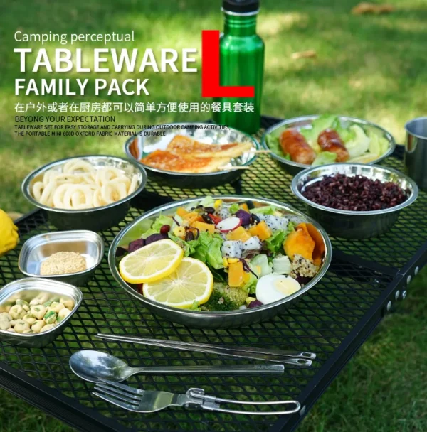 22-Piece Stainless Steel Portable Camping Dining Plate Set – Complete Outdoor Tableware for Camping, BBQ, and Self-Driving Trips - Image 3