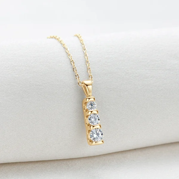 925 Silver 14K Gold Plated Moissanite Jewelry Set - 3-Stone Pendant Necklace & Stud Earrings - Image 3