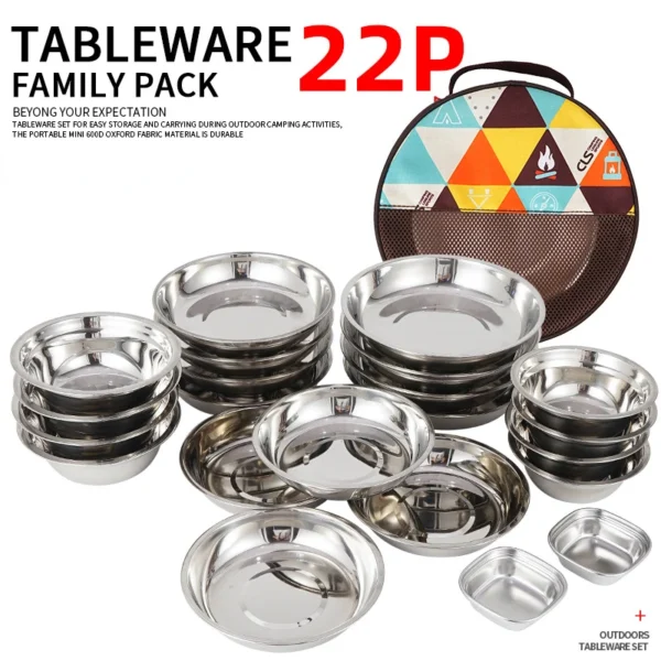 22-piece stainless steel camping dining set with bowls, plates, and trays for up to 5 users. Ideal for outdoor adventures like camping, BBQs, and road trips.