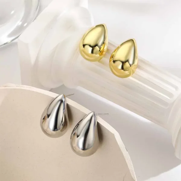 Vintage Gold Chunky Water Drop Dome Stud Earrings for Women - Glossy Metal Teardrop Earrings, Thick, Stylish Jewelry Gift - Image 6