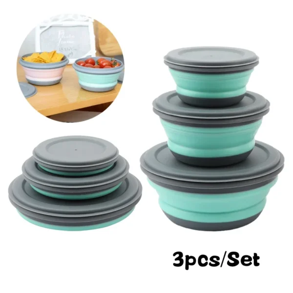 Discover this 3-piece folding silicone lunch box set, perfect for camping, travel, and outdoor dining. Space-saving and versatile, with secure lids for fresh, clean food storage.