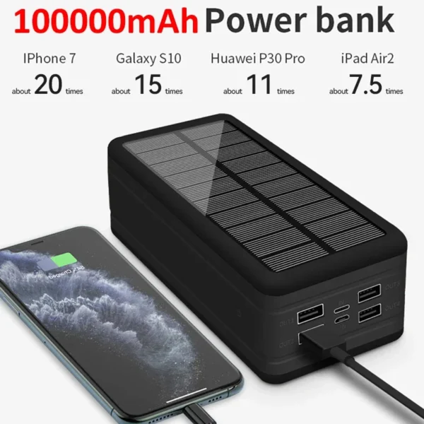 100000mAh Magnetic Wireless Power Bank - Ultra-Fast Charging 4-USB Portable Solar Charger with LED Light for Xiaomi, iPhone, and More - Image 2