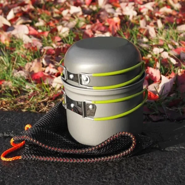 Discover the LISM Portable Camping Pots Cookware Set, crafted from durable aluminum alloy. Lightweight, foldable, and ideal for outdoor cooking on your adventures.