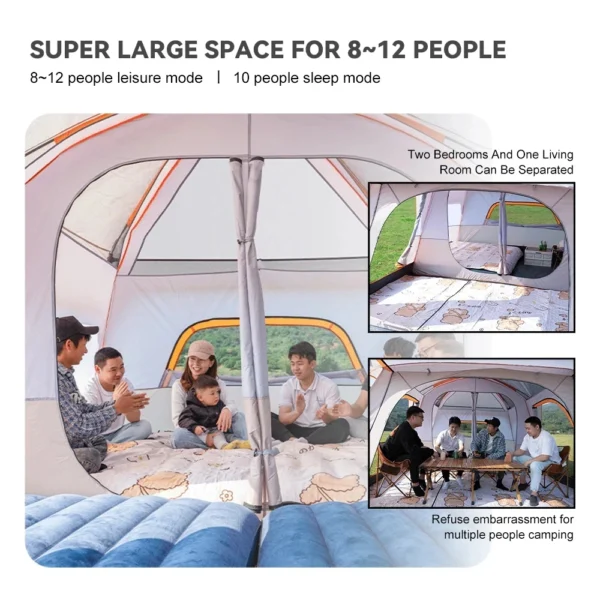 Outdoor Camping Family Tent 3-12 Person Double Layers Oversize 2 Rooms Thickened Rainproof Outdoor Family Camp Tour Equipment - Image 3