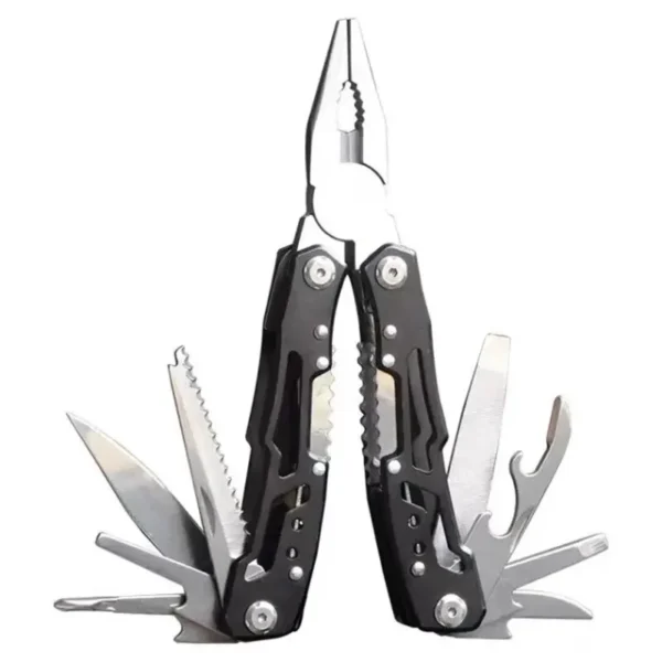 Portable stainless steel multi-tool pliers with folding knife, ideal for camping, DIY, and outdoor use. Durable, compact, and versatile for all-purpose tasks.