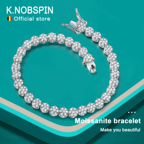 Elegant unisex moissanite tennis bracelet in 925 sterling silver with white gold plating. GRA certified, luxurious flower design—perfect for parties and special events