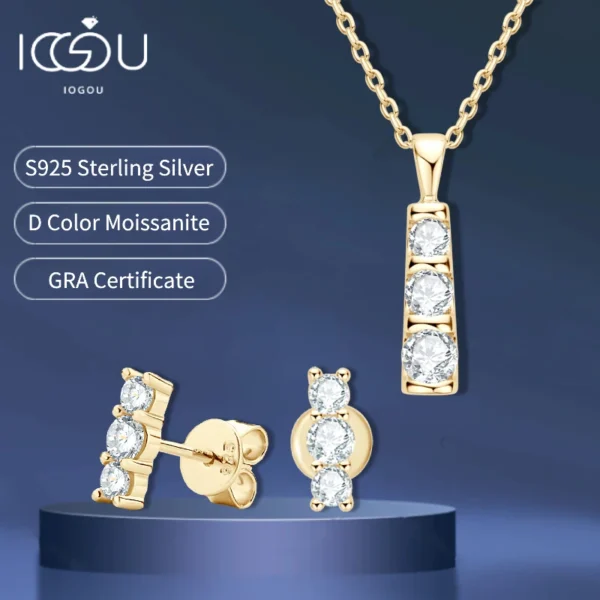 925 Silver 14K Gold Plated Moissanite Jewelry Set - 3-Stone Pendant Necklace & Stud Earrings