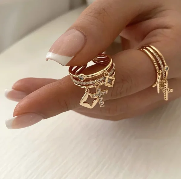 2024 New Stainless Steel Sun Ring for Women – 18K Gold Plated with Natural Stone Inlay, Trendy Hollow Metal Texture Jewelry - Image 3