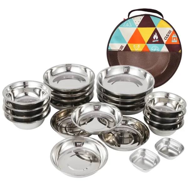 22-Piece Stainless Steel Portable Camping Dining Plate Set – Complete Outdoor Tableware for Camping, BBQ, and Self-Driving Trips - Image 5