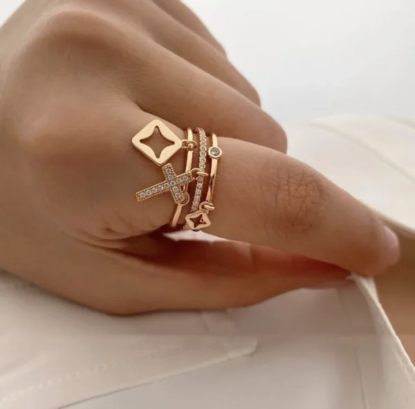 2024 New Stainless Steel Sun Ring for Women – 18K Gold Plated with Natural Stone Inlay, Trendy Hollow Metal Texture Jewelry - Image 6