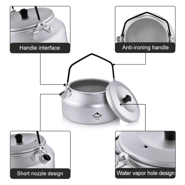 1L Portable Camping Kettle - Pure Aluminum with Short-hole Handle - Image 4