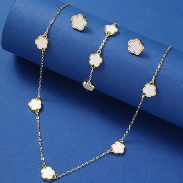 Stylish Lucky Five-Petal Flower & Five-Leaf Clover Bracelet, Earrings & Necklace Set for Women – Elegant Party Jewelry Accessories - Image 4