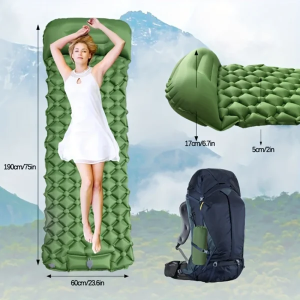 Ultralight inflatable mattress with a built-in pump and pillows for ultimate comfort while camping and hiking. Made with TPU Nylon for durability.