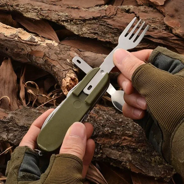 Stainless steel 7-in-1 folding tableware set – perfect for camping, hiking, and picnics. Includes fork, spoon, knife, and bottle opener in a compact, portable design.