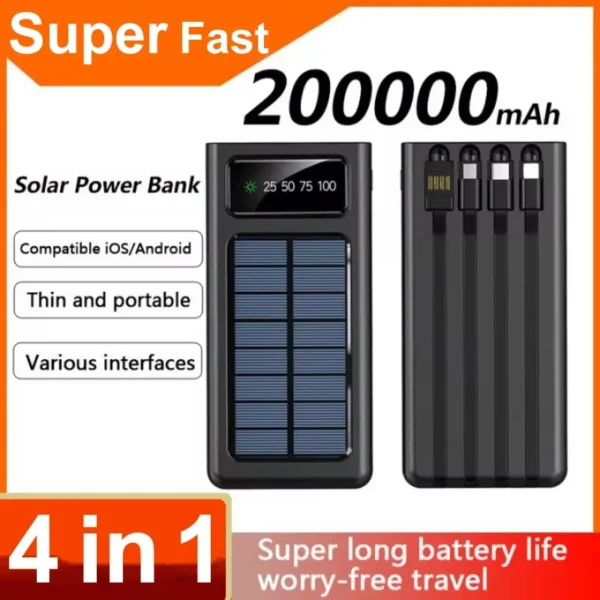 200000mAh solar power bank with 4-in-1 USB cables, LED light, and fast charging. Perfect for outdoor activities, camping, and emergencies. Compatible with iPhone, Xiaomi, Samsung.