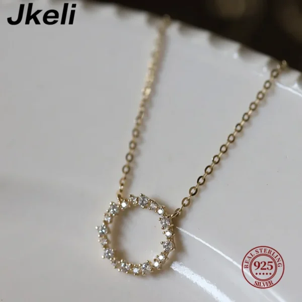 S925 Sterling Silver Plated 18K Gold Necklace with Full Diamond Circle - Japanese & Korean K Gold Collar Chain for Women - Image 4