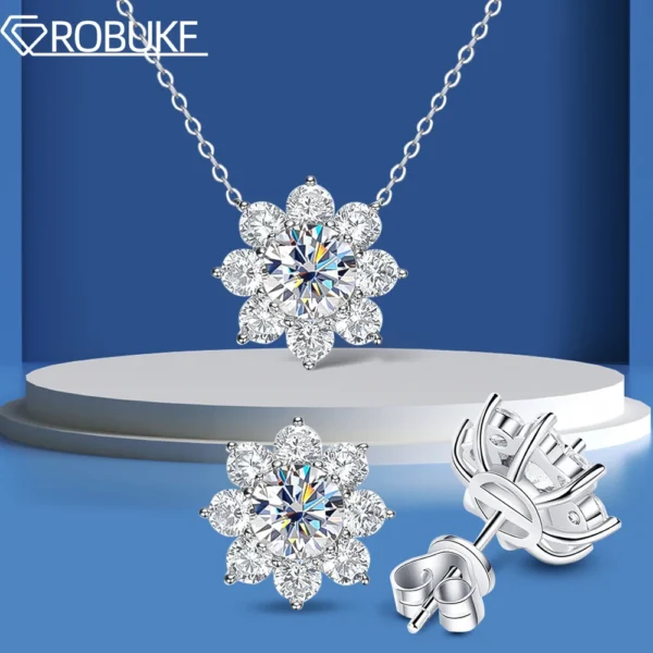 Radiant 925 silver sunflower Moissanite jewelry set with pendant necklace and earrings. Ideal for engagements, GRA certified.