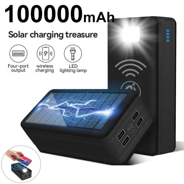 100000mAh magnetic wireless power bank with ultra-fast charging, solar panel, and LED flashlight. Ideal for outdoor use, compatible with iPhone, Xiaomi, Samsung.