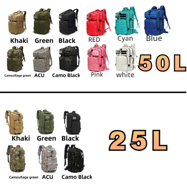 25L/50L Tactical Waterproof Backpack – 1000D Nylon for Hiking, Camping, Hunting & Fishing - Image 2