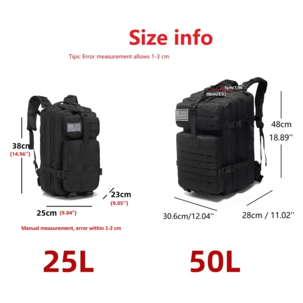 25L/50L Tactical Waterproof Backpack – 1000D Nylon for Hiking, Camping, Hunting & Fishing - Image 3