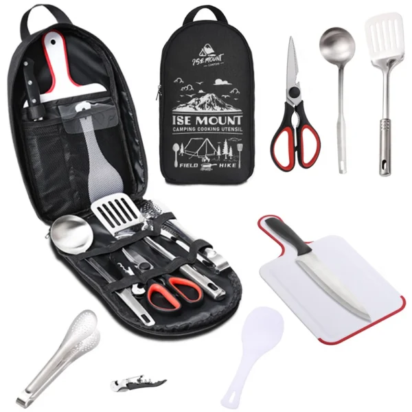 Discover this 9-piece stainless steel travel utensil set for camping and outdoor cooking. Durable and portable, with essential tools in a compact storage bag for easy organization.