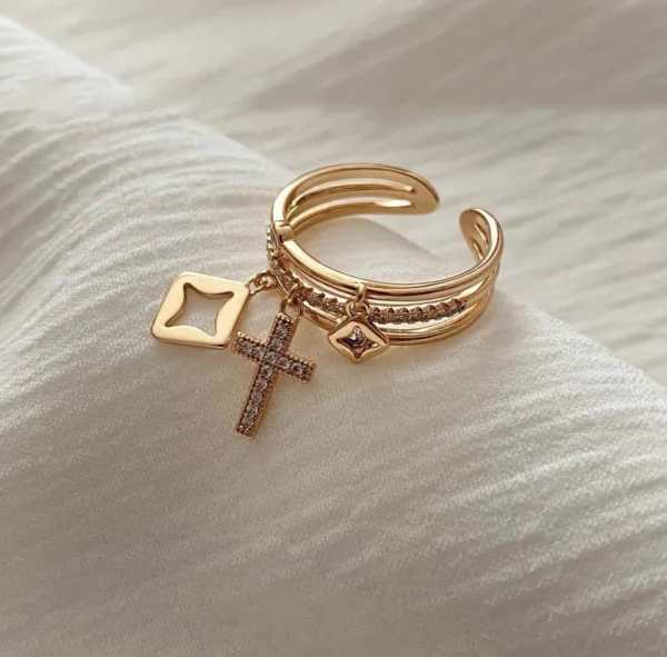 2024 New Stainless Steel Sun Ring for Women – 18K Gold Plated with Natural Stone Inlay, Trendy Hollow Metal Texture Jewelry - Image 2