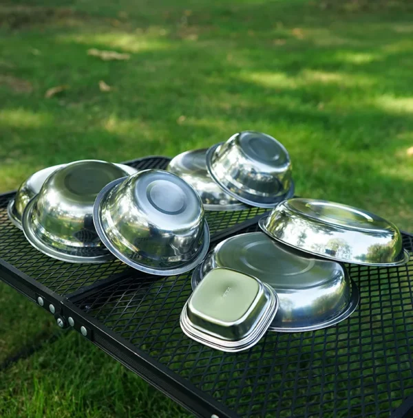 22-Piece Stainless Steel Portable Camping Dining Plate Set – Complete Outdoor Tableware for Camping, BBQ, and Self-Driving Trips - Image 2