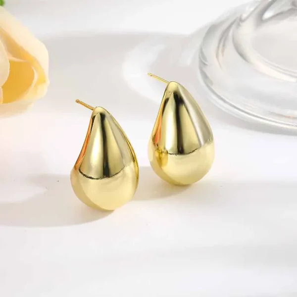 Vintage Gold Chunky Water Drop Dome Stud Earrings for Women - Glossy Metal Teardrop Earrings, Thick, Stylish Jewelry Gift - Image 2