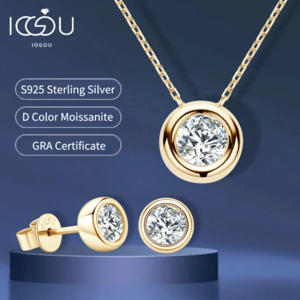 Elegant 18k gold-plated Moissanite jewelry set in 925 sterling silver. Perfect gift for anniversaries and weddings, with GIC certification.