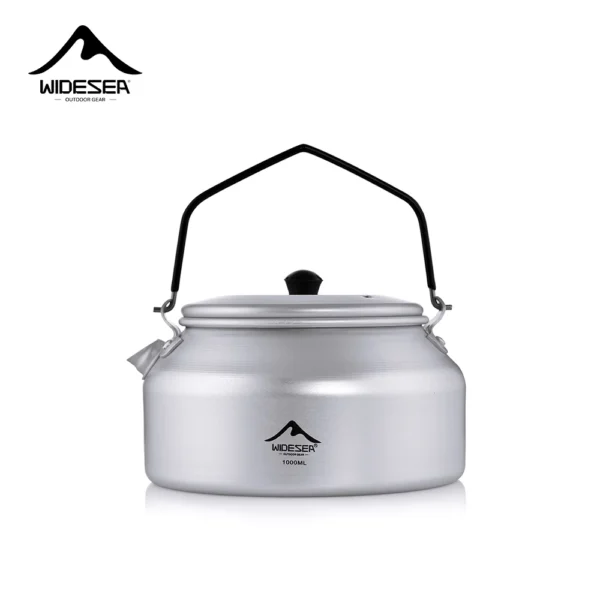 Portable 1L aluminum camping kettle with short-hole handle design for safe outdoor use. Ideal travel cookware for hot drinks and meals on the go.