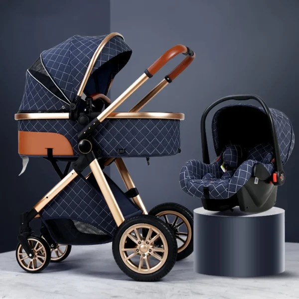 Luxury 3-in-1 Baby Stroller with cradle and carrier functionality. High landscape design, lightweight aluminum frame, foldable, and perfect for 0–3 years.