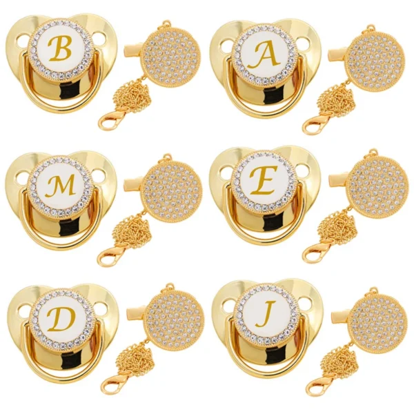 Stylish and safe! Personalized Initial Letter Baby Pacifier with Clips features a BPA-free silicone nipple, gold bling design, and secure chain clip.