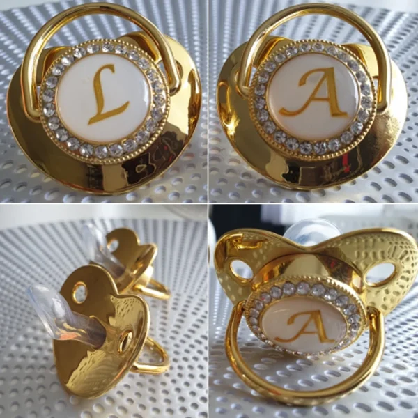 Personalized Initial Letter Baby Pacifier with Clips - BPA-Free Silicone Nipple & Gold Bling Design - Image 6