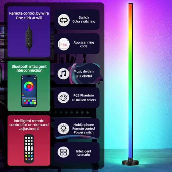 Smart RGB LED Floor Lamp with Remote & App Control, Music Sync, and Timer for Bedroom & Living Room - Image 4