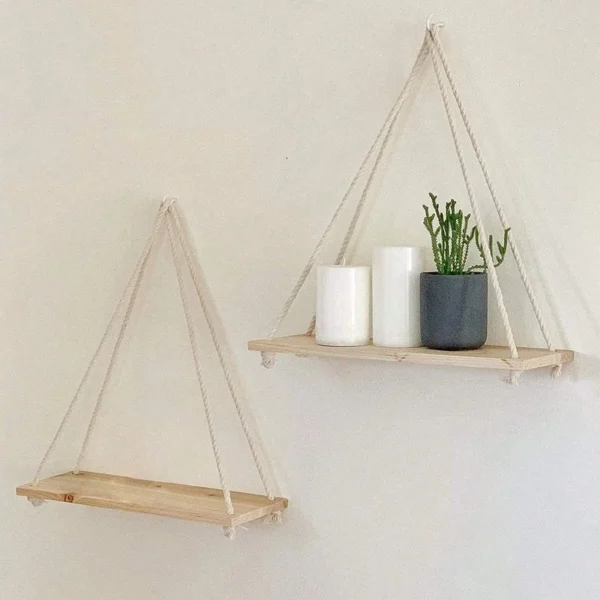 Wooden Swing Hanging Rope Wall Shelf – Floating Rustic Home Decor for Plants, Photos, and Storage - Image 3