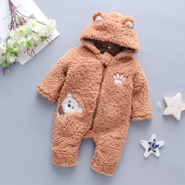 Baby Girl Lamb Hair Bear Embroidered Jumpsuit – Thickened Winter Hooded Crawling Suit - Image 2