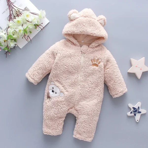 Baby Girl Lamb Hair Bear Embroidered Jumpsuit – Thickened Winter Hooded Crawling Suit - Image 4