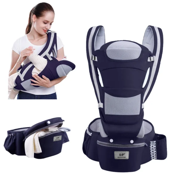 Ergonomic newborn baby carrier backpack with hipseat for infants and toddlers. Front-facing, adjustable, and suitable for all seasons. Ideal for ages 0–48 months.