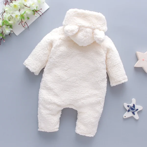 Baby Girl Lamb Hair Bear Embroidered Jumpsuit – Thickened Winter Hooded Crawling Suit - Image 5