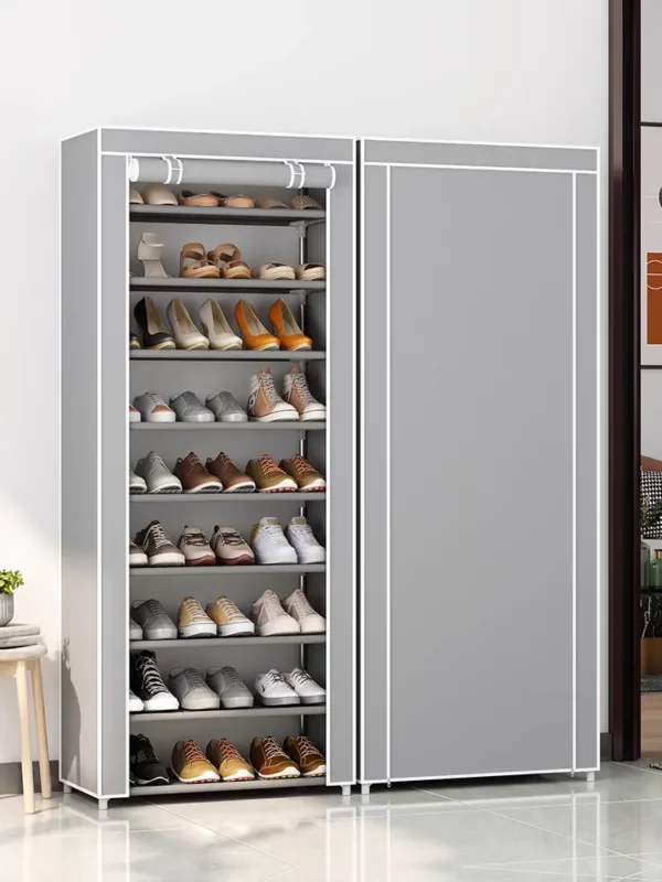 Organize your shoes with this dustproof multilayer shoe storage cabinet. Features a protective cover, eco-friendly materials, and ample space. Perfect for any home!