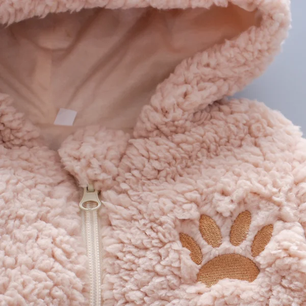 Baby Girl Lamb Hair Bear Embroidered Jumpsuit – Thickened Winter Hooded Crawling Suit - Image 6