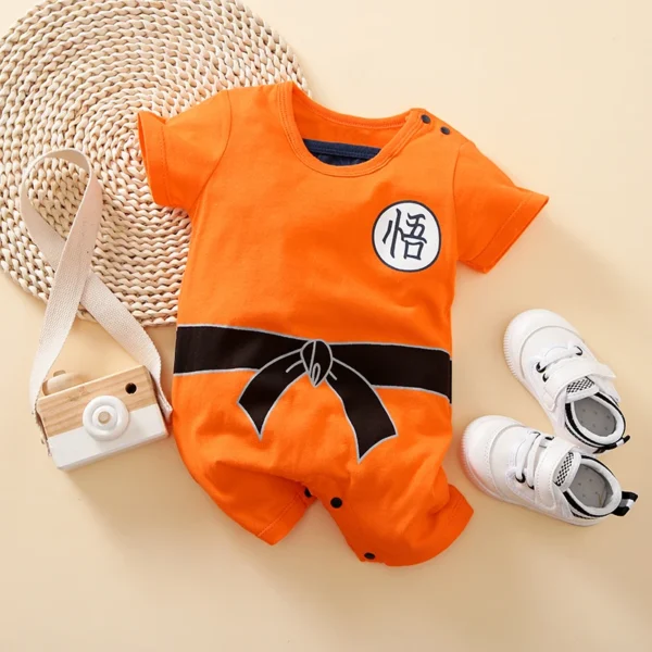 Adorable anime-inspired baby jumpsuit for newborns to 18 months. Made from soft cotton with short sleeves, O-neck design, and pullover closure. Perfect for summer wear!