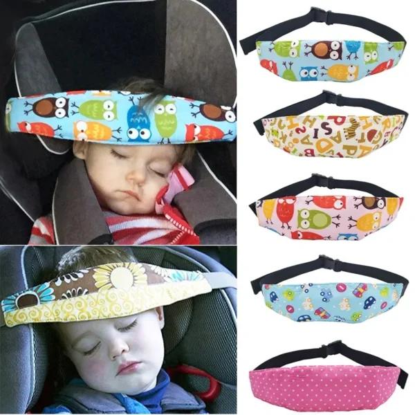 Adjustable baby car seat head support belt with neck relief and safety pillow for toddlers. Soft cotton material, versatile fit, and machine washable for easy care.