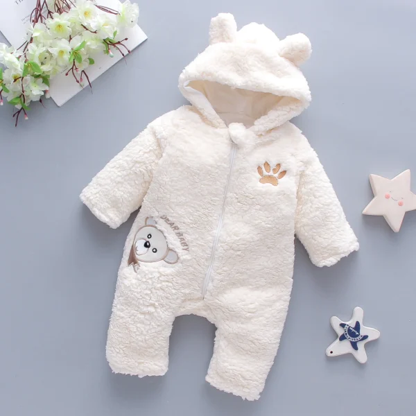 Baby Girl Lamb Hair Bear Embroidered Jumpsuit – Thickened Winter Hooded Crawling Suit - Image 3