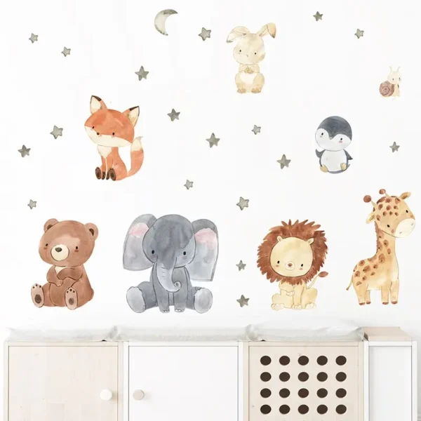 2-Piece Cartoon African Animal Wall Stickers – Cute Elephant, Giraffe, Bear & Fox Decor for Kids' Rooms and Kindergartens - Image 2