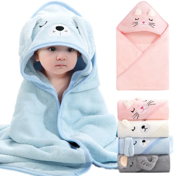 Soft coral fleece cartoon animal hooded baby towel. Perfect as a bathrobe, blanket, or swaddle wrap for boys and girls. Ideal for newborns & toddlers.