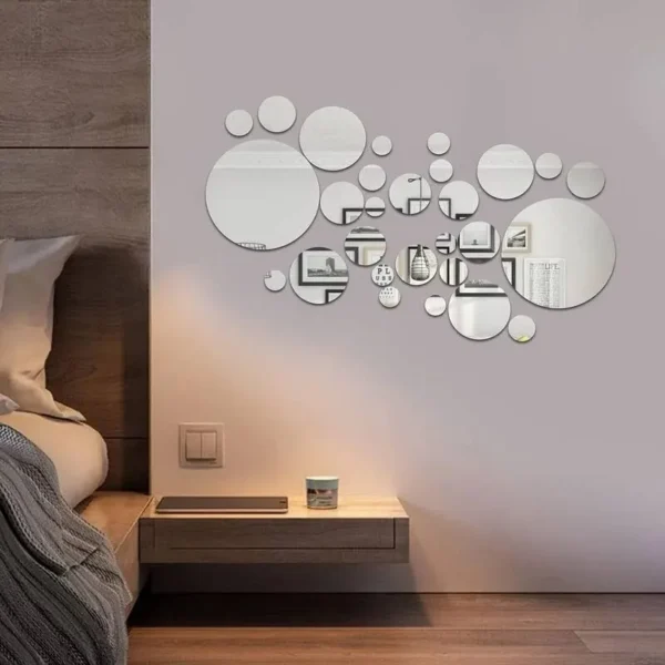 26-Piece 3D Acrylic Mirror Wall Stickers – DIY Round Mirror Set for Bedroom, Bathroom, and TV Background Decor - Image 3