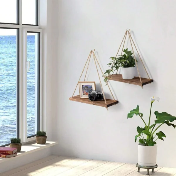 Wooden Swing Hanging Rope Wall Shelf – Floating Rustic Home Decor for Plants, Photos, and Storage - Image 2