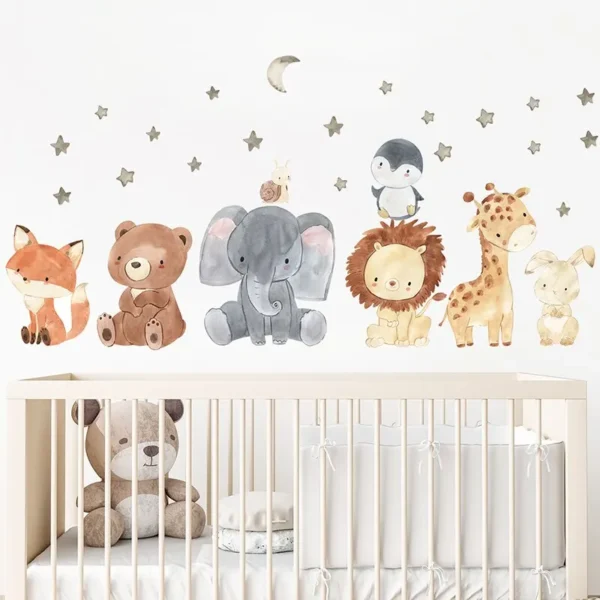 2-Piece Cartoon African Animal Wall Stickers – Cute Elephant, Giraffe, Bear & Fox Decor for Kids' Rooms and Kindergartens - Image 3