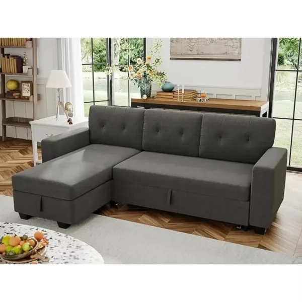 Reversible Convertible Sofa Bed with Storage Chaise - Pull-Out Sleeper Couch in Dark Gray Linen for Living Room and Bedroom - Image 2